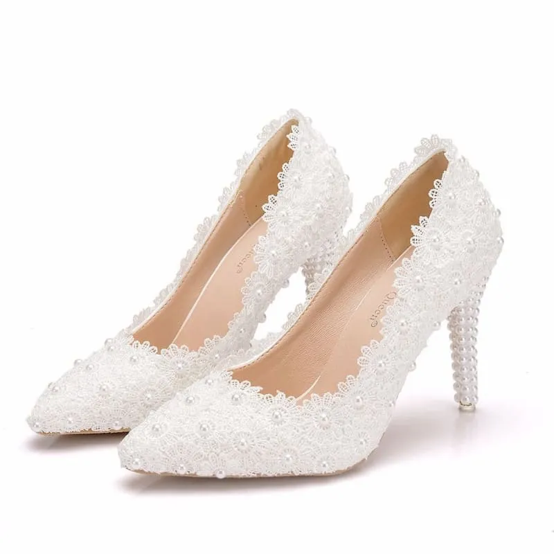 Pearl Encrusted Lace Stiletto Wedding Shoes in Large Size