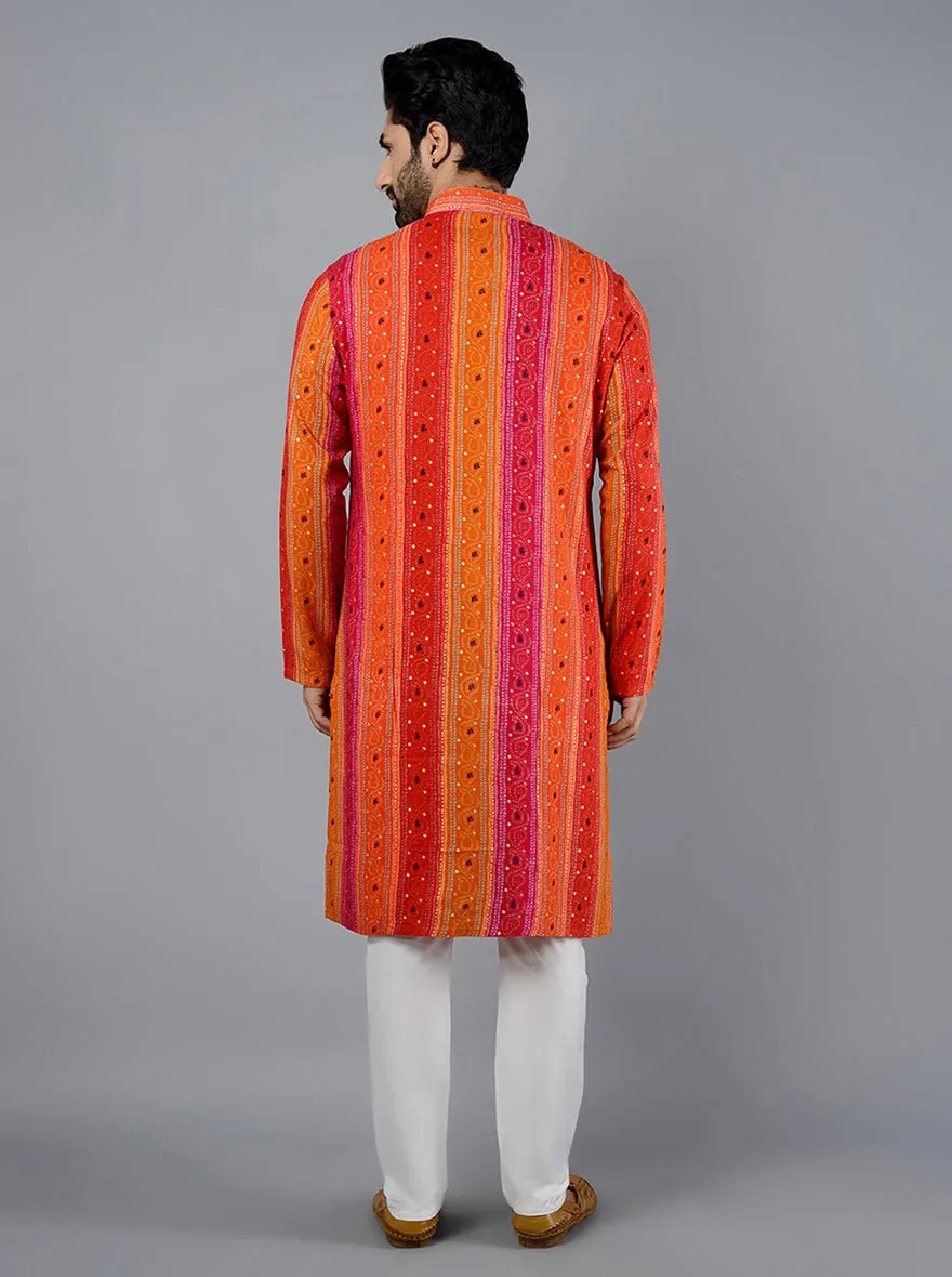 Pink & Orange Printed Cotton Blend Kurta for Men