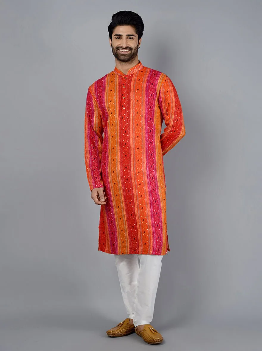 Pink & Orange Printed Cotton Blend Kurta for Men