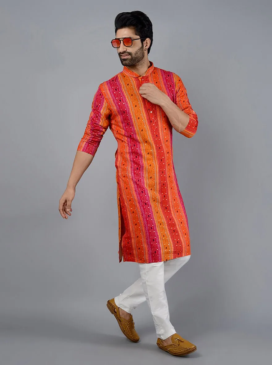 Pink & Orange Printed Cotton Blend Kurta for Men