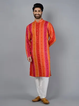 Pink & Orange Printed Cotton Blend Kurta for Men