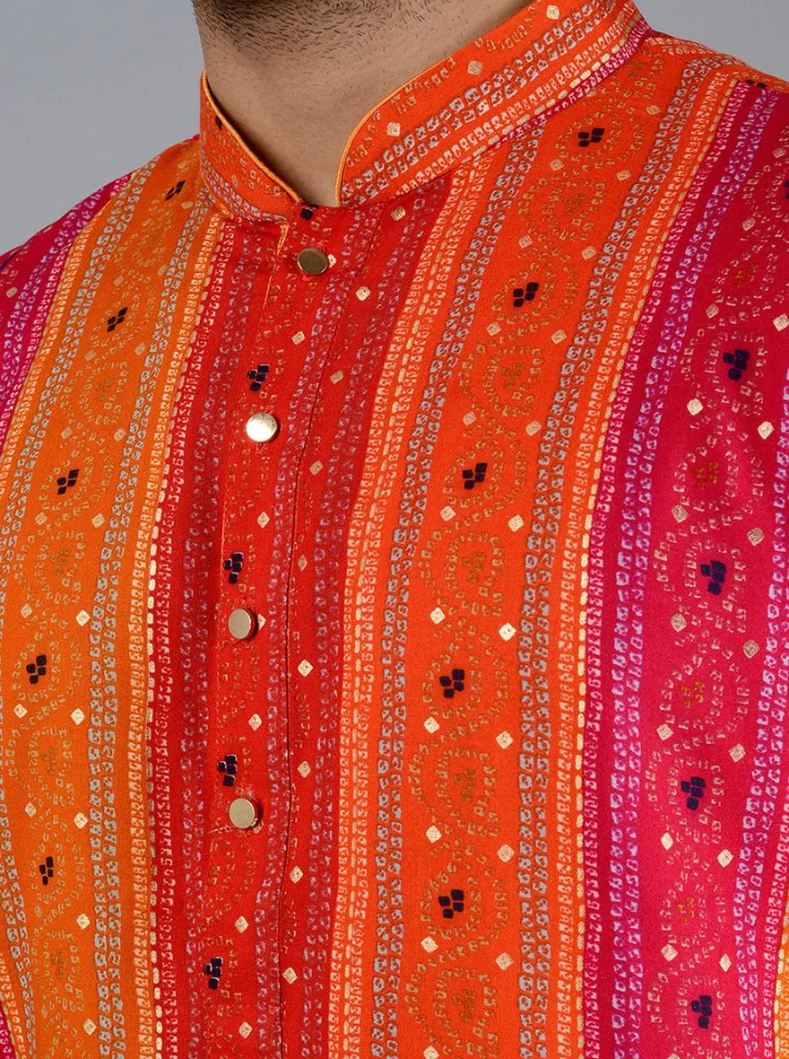 Pink & Orange Printed Cotton Blend Kurta for Men