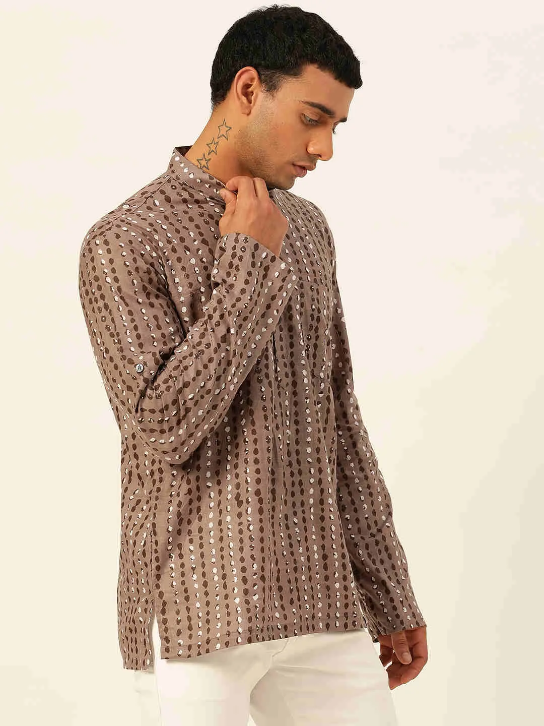 Premium Grey with Black & White Dotted Stripes Handblock Printed Short Kurta