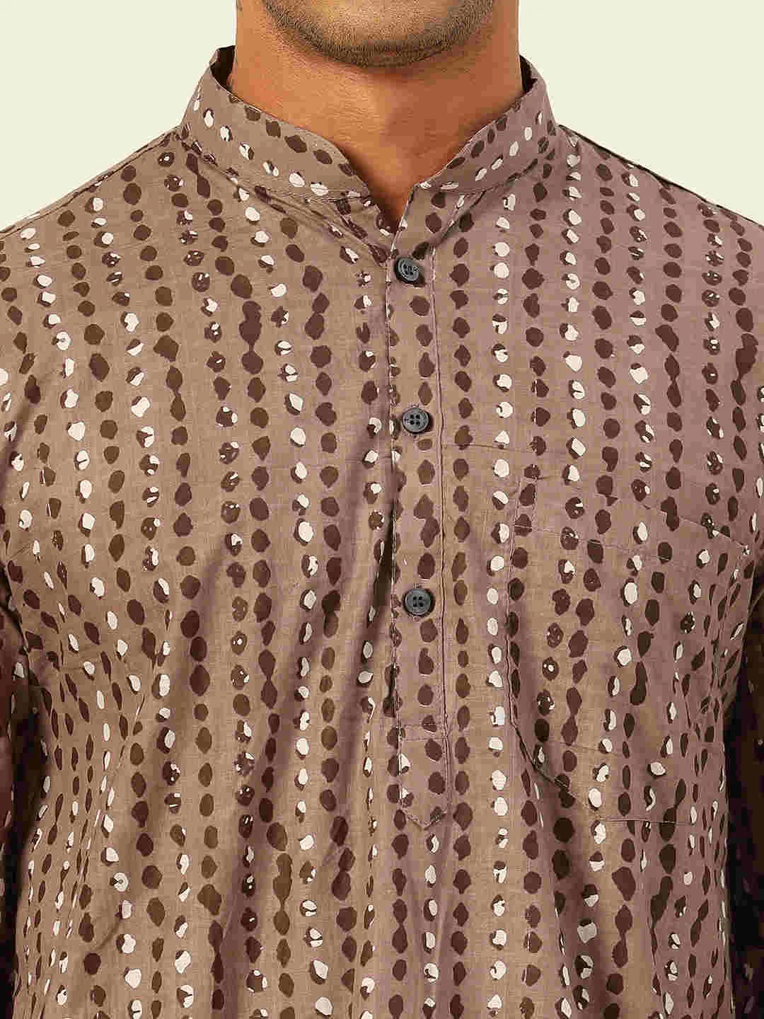 Premium Grey with Black & White Dotted Stripes Handblock Printed Short Kurta