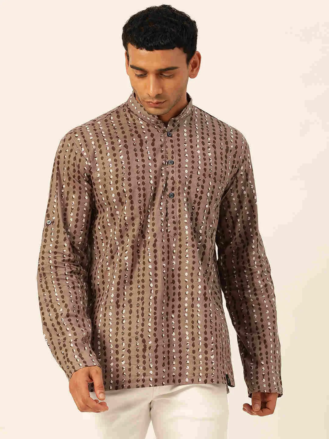 Premium Grey with Black & White Dotted Stripes Handblock Printed Short Kurta