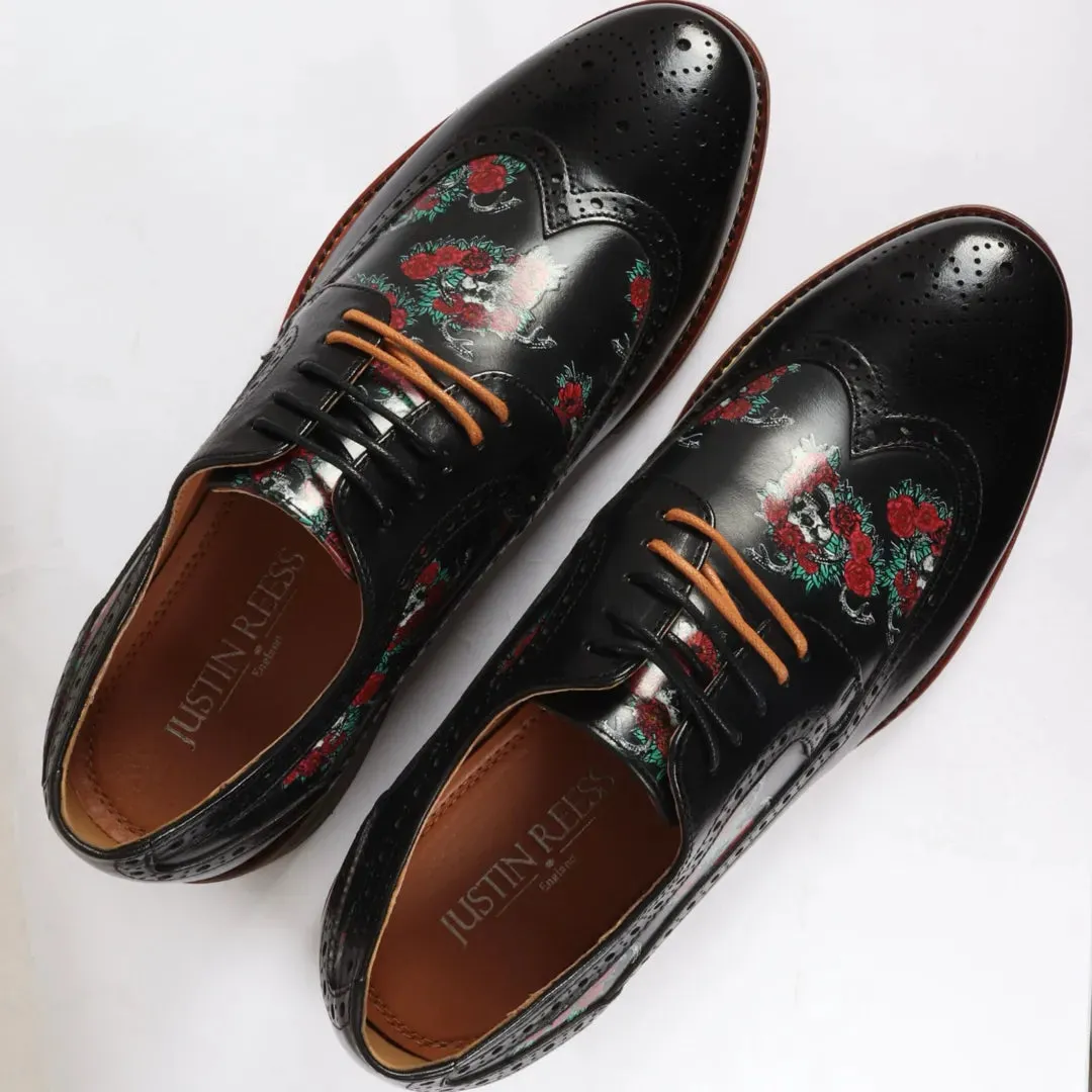 Ross - Men's Black Floral Skull Print Leather Brogue Shoes