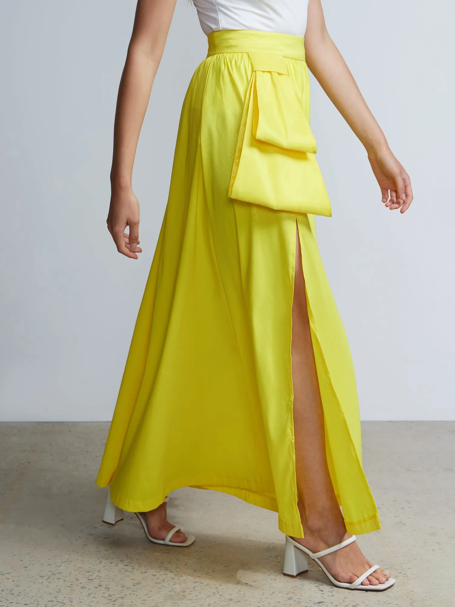 Side Slit Taffeta Bow Maxi Skirt