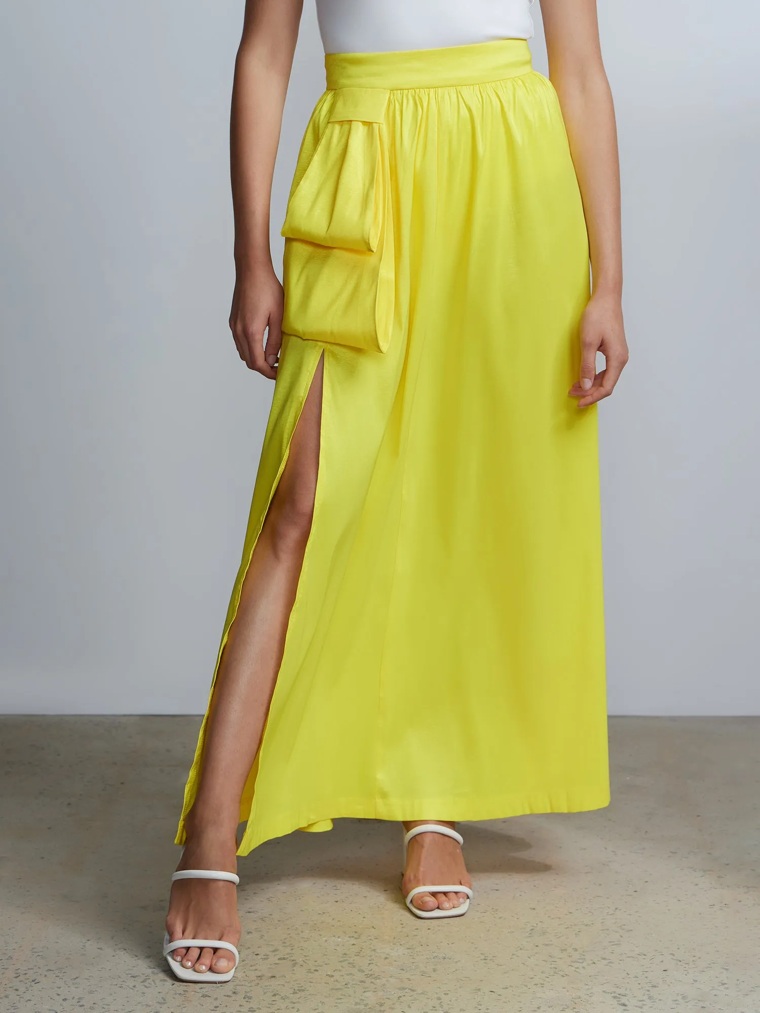 Side Slit Taffeta Bow Maxi Skirt