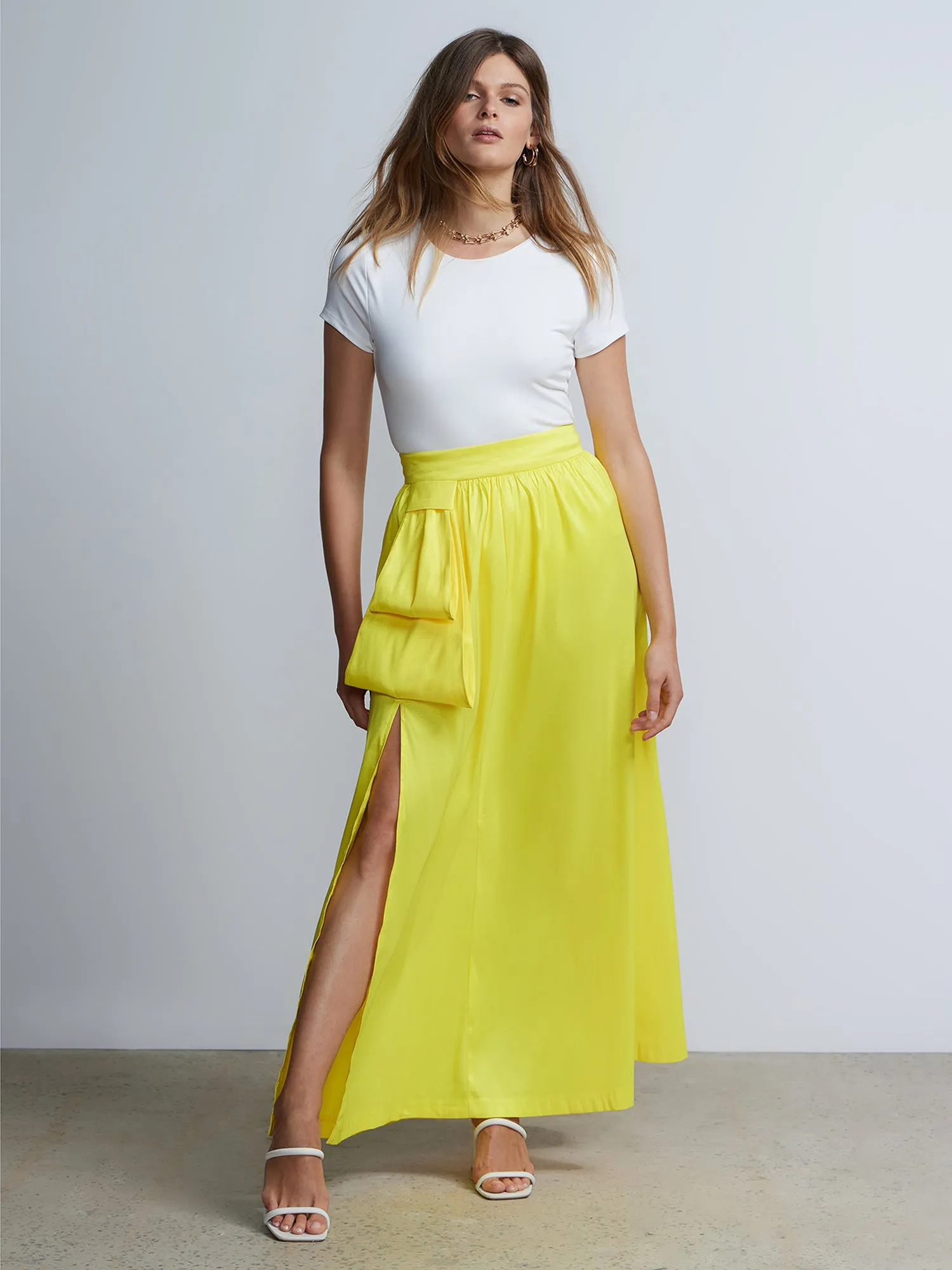 Side Slit Taffeta Bow Maxi Skirt