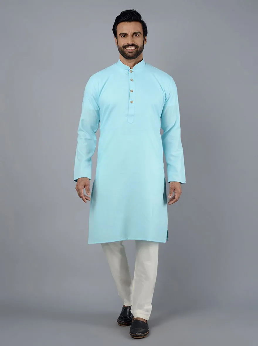 Sky Blue Solid Cotton Blend Kurta for Men