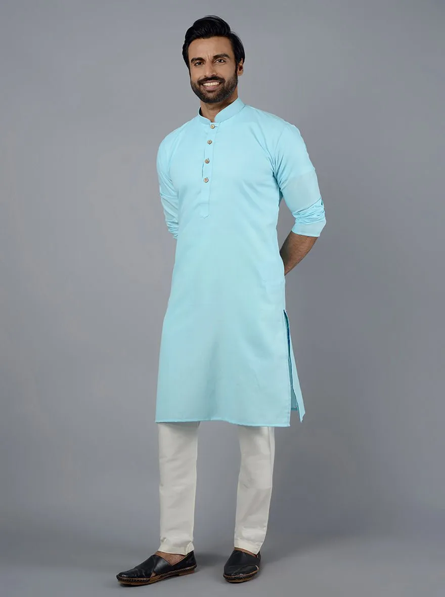 Sky Blue Solid Cotton Blend Kurta for Men