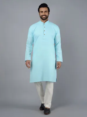 Sky Blue Solid Cotton Blend Kurta for Men