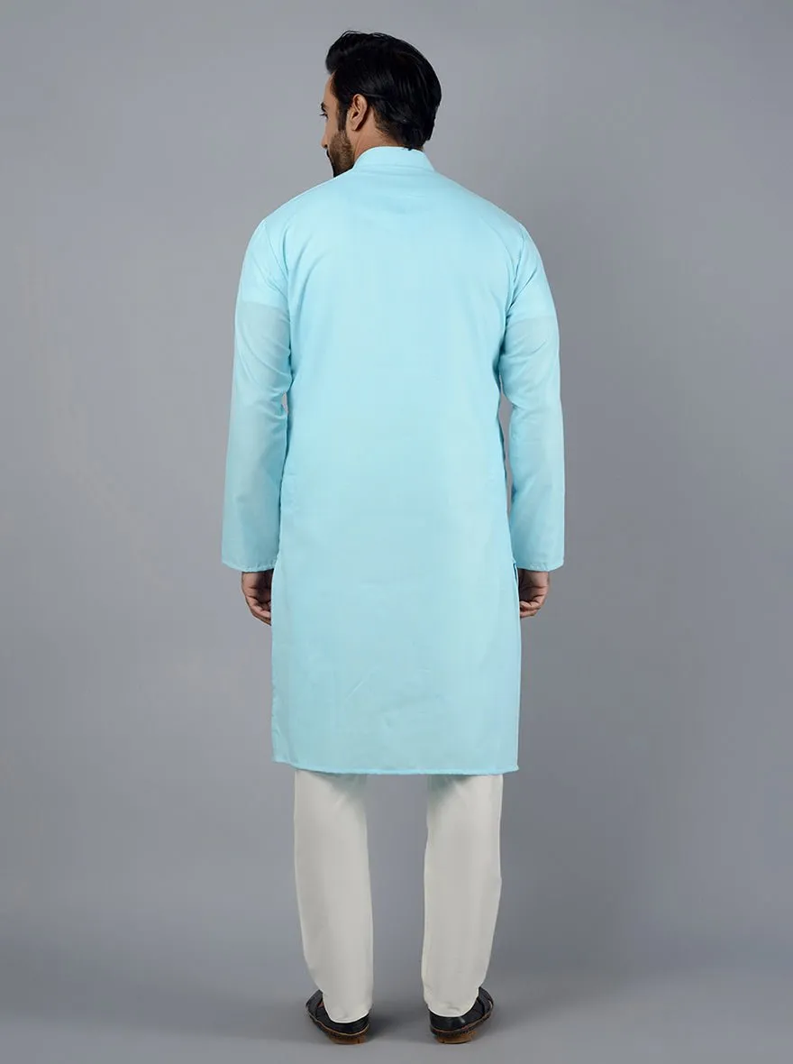 Sky Blue Solid Cotton Blend Kurta for Men