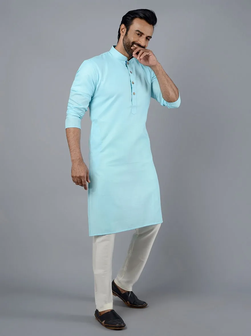 Sky Blue Solid Cotton Blend Kurta for Men