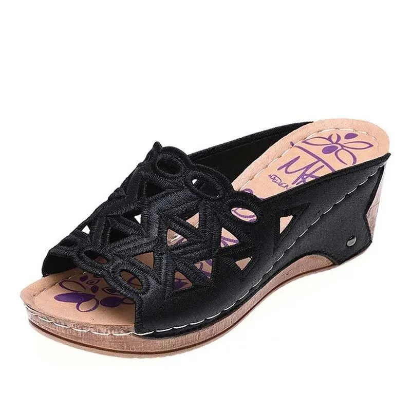 Slip-on Embroidered Wedge Sandals