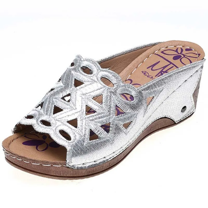 Slip-on Embroidered Wedge Sandals