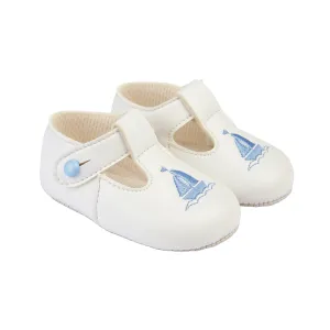 White & Light Blue Sailboat Soft Sole Shoes