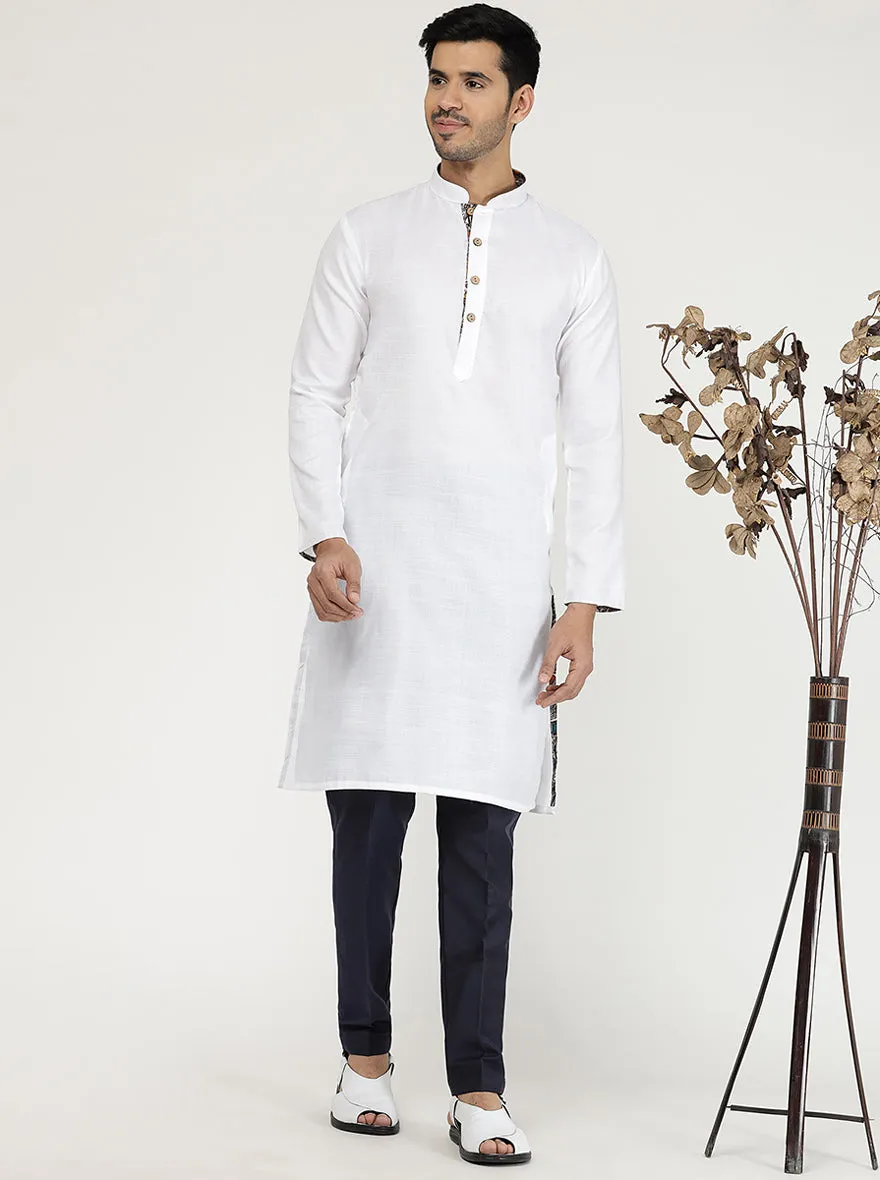 White Solid Cotton Blend Kurta for Men