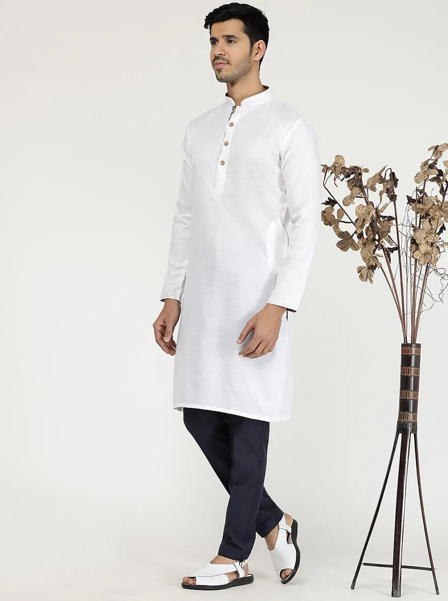 White Solid Cotton Blend Kurta for Men