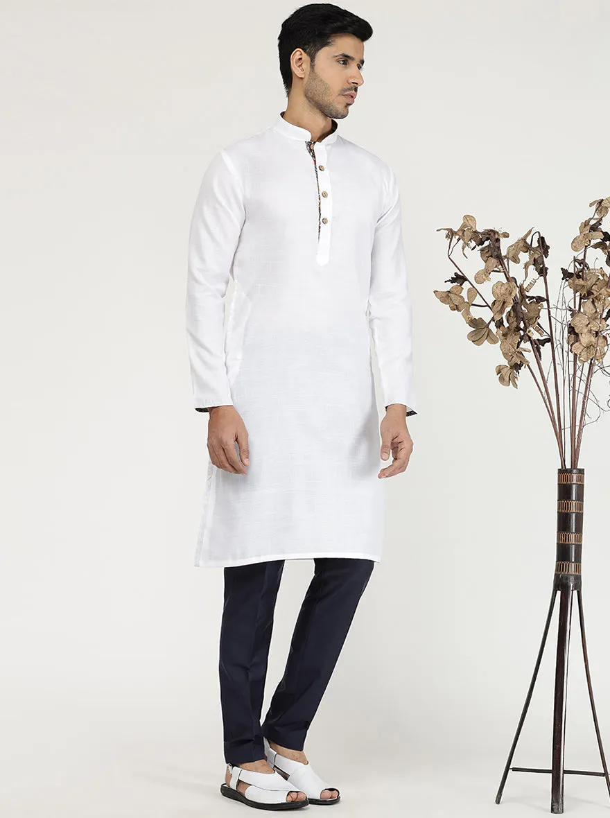 White Solid Cotton Blend Kurta for Men