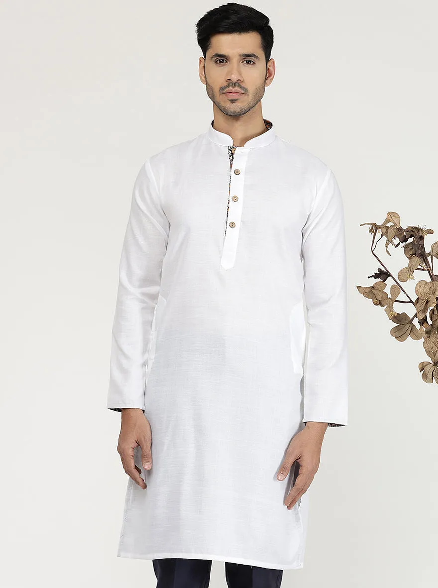 White Solid Cotton Blend Kurta for Men