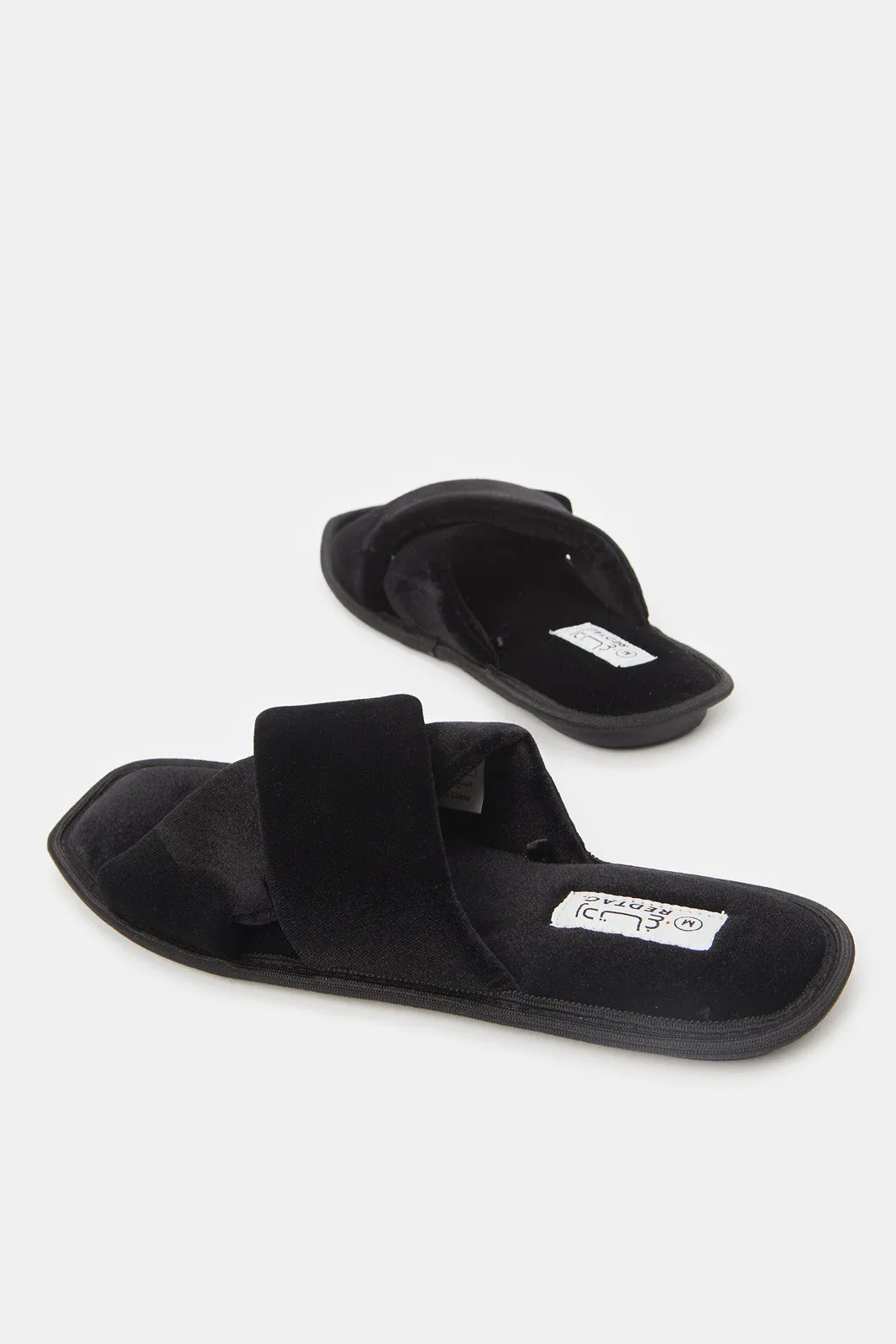 Women Black Cross Over Velvet Slippers