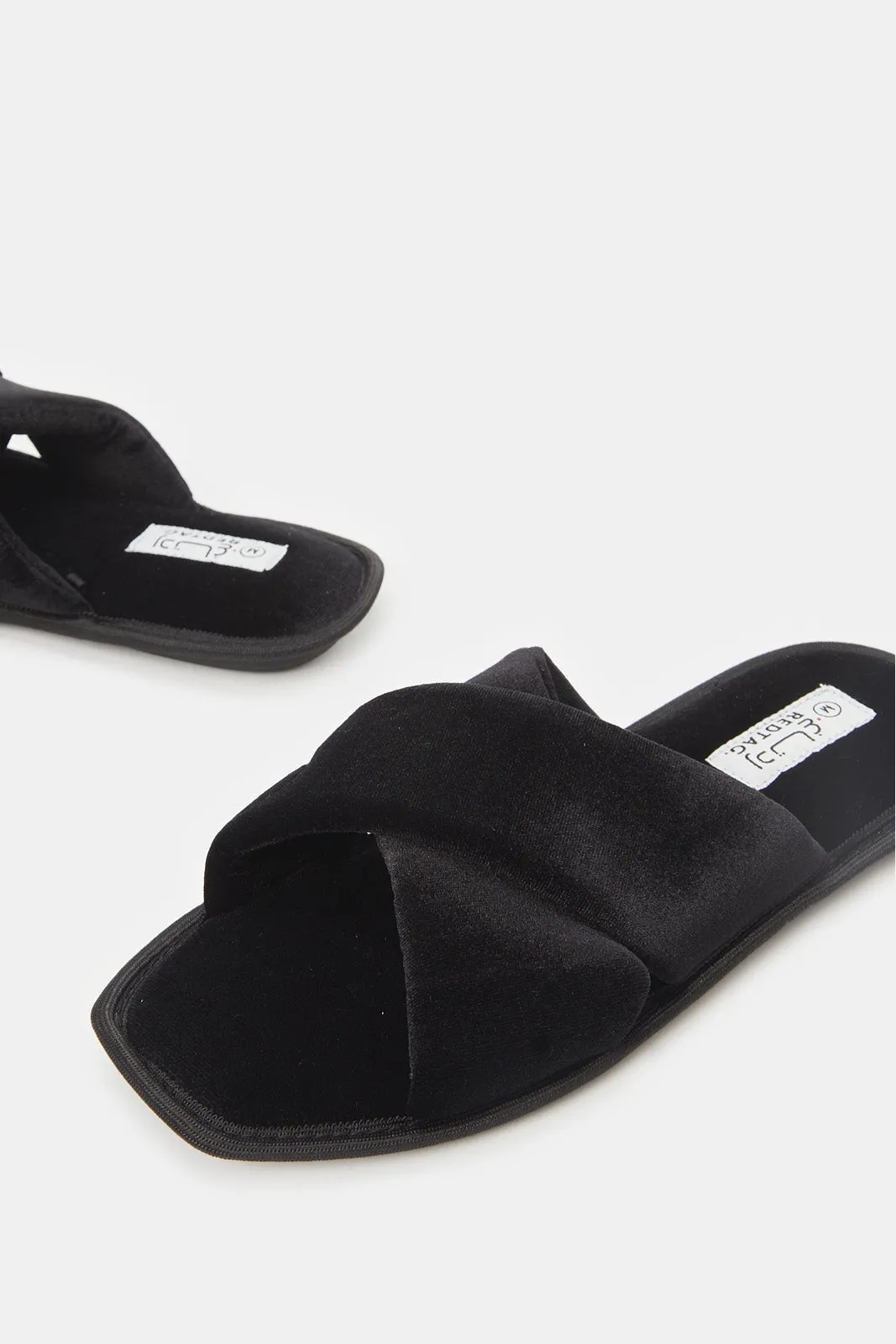 Women Black Cross Over Velvet Slippers