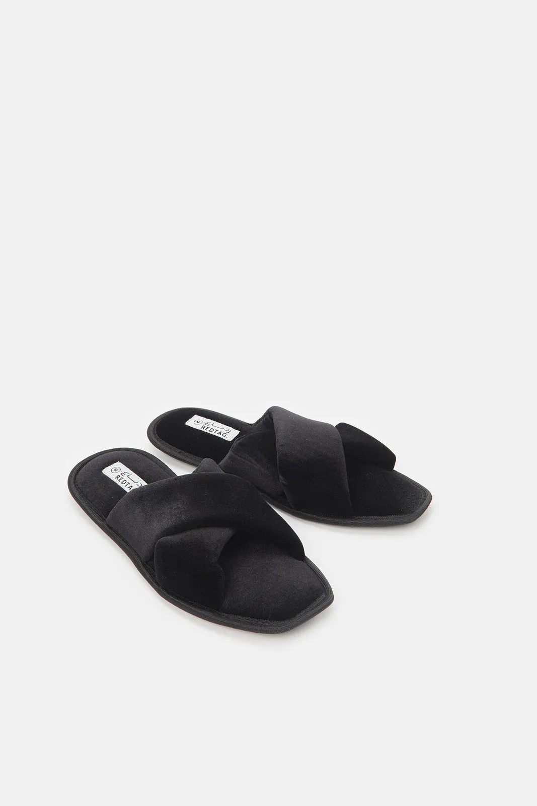 Women Black Cross Over Velvet Slippers