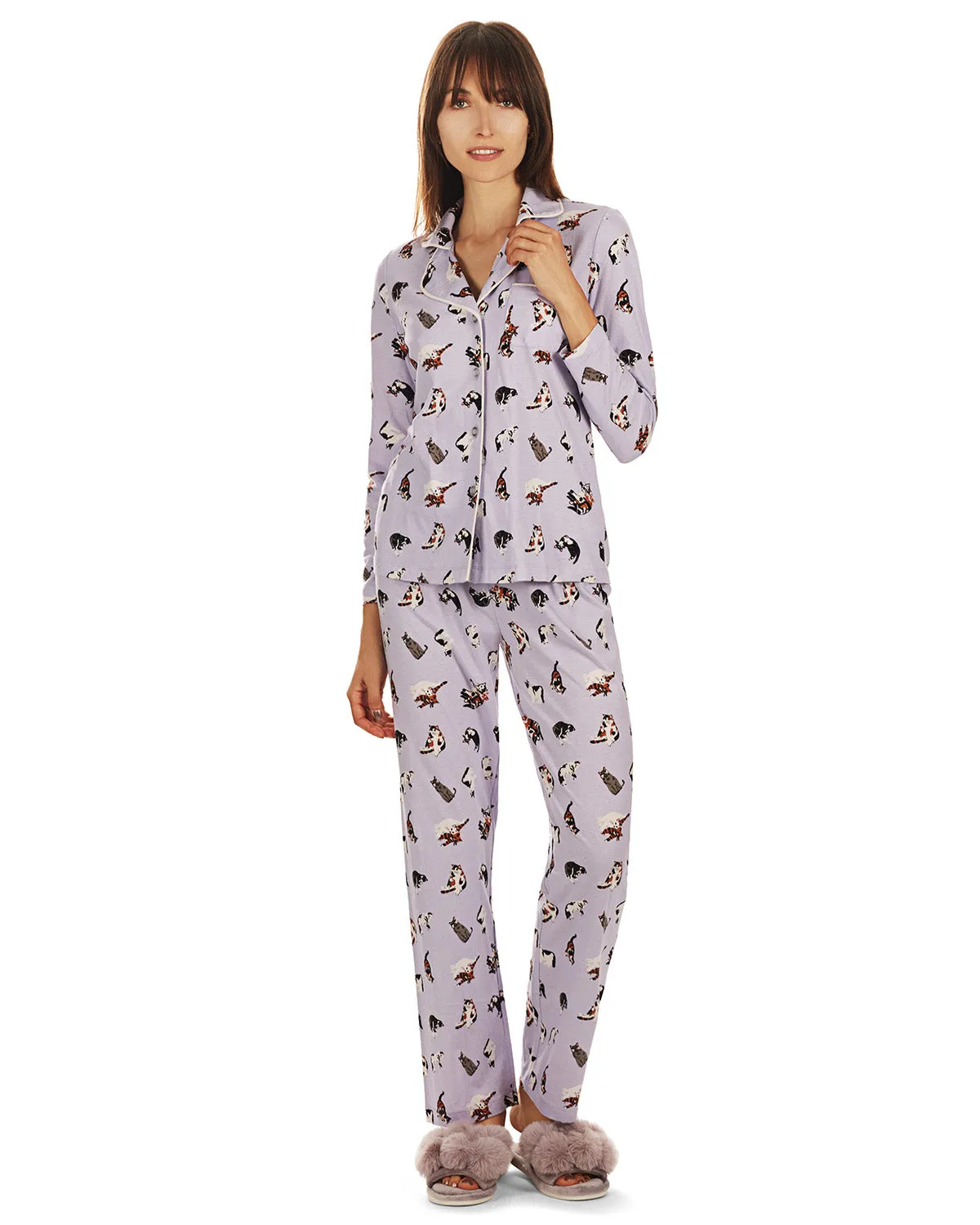 Women's Crazy Cats Notch Collar Cotton Blend Pant Pajama Set