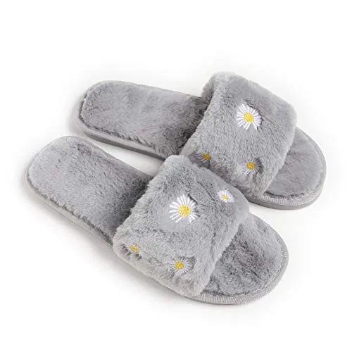 Women's Furry Slippers Fluffy Fur Slippers Daisy Open Toe House Slippers(Gray）