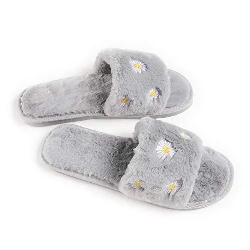 Women's Furry Slippers Fluffy Fur Slippers Daisy Open Toe House Slippers(Gray）