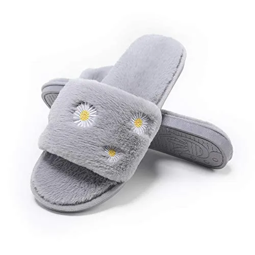 Women's Furry Slippers Fluffy Fur Slippers Daisy Open Toe House Slippers(Gray）