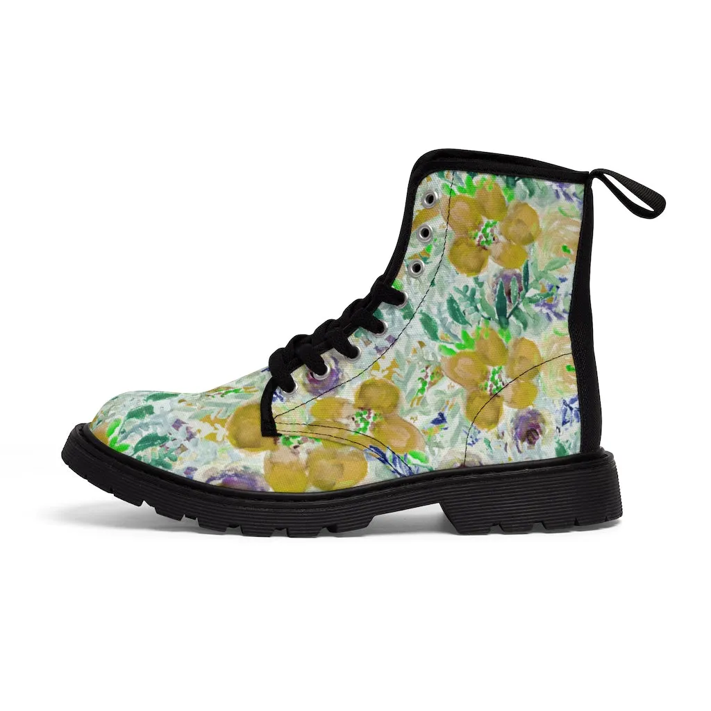 Yellow Floral Women's Canvas Boots, Flower Print Vintage Style Winter Hiking Canvas Boots