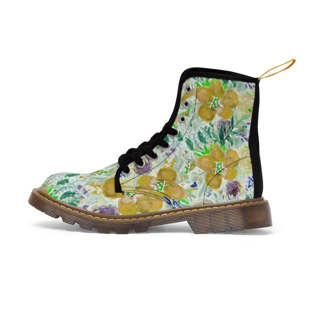 Yellow Floral Women's Canvas Boots, Flower Print Vintage Style Winter Hiking Canvas Boots