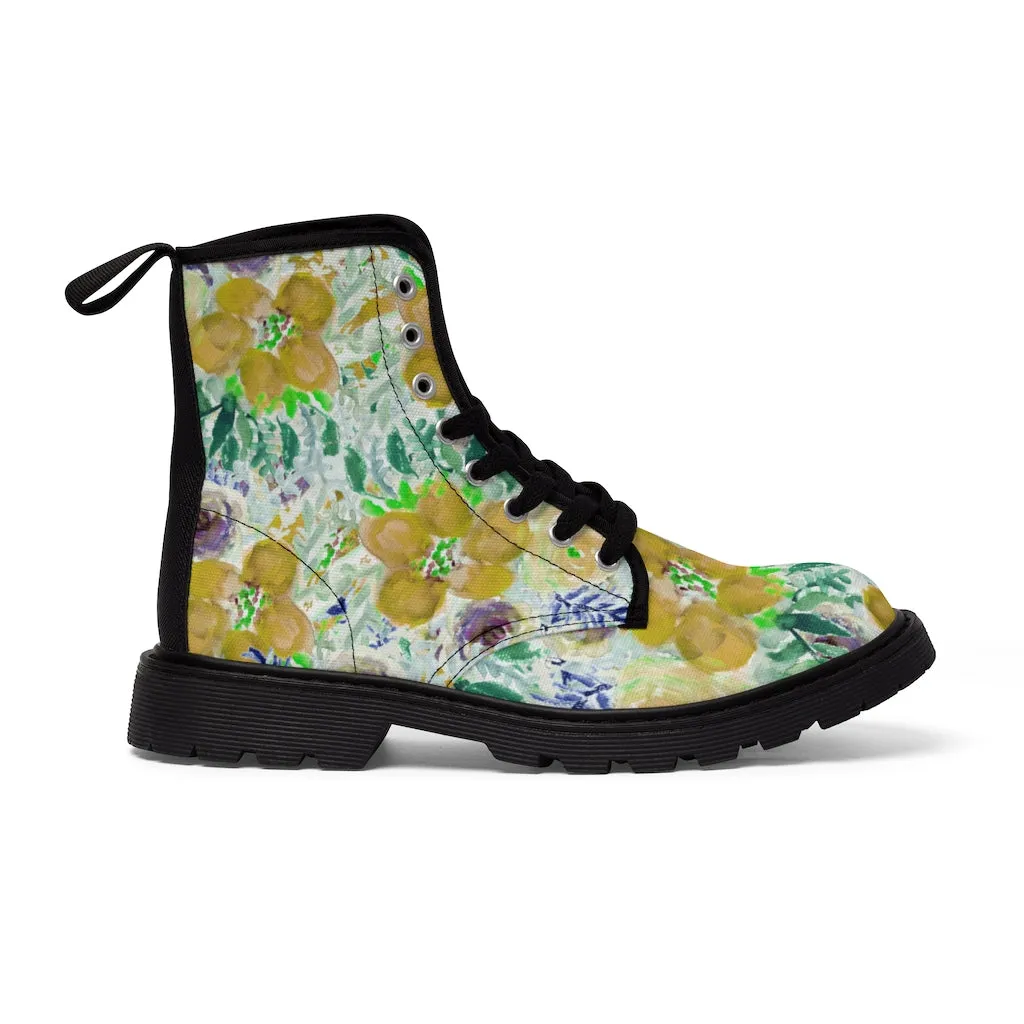 Yellow Floral Women's Canvas Boots, Flower Print Vintage Style Winter Hiking Canvas Boots