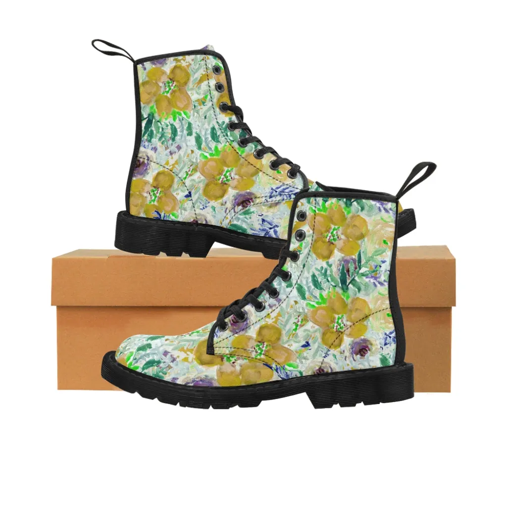 Yellow Floral Women's Canvas Boots, Flower Print Vintage Style Winter Hiking Canvas Boots