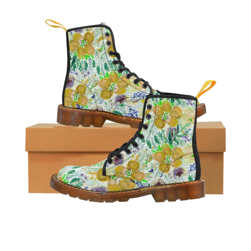 Yellow Floral Women's Canvas Boots, Flower Print Vintage Style Winter Hiking Canvas Boots