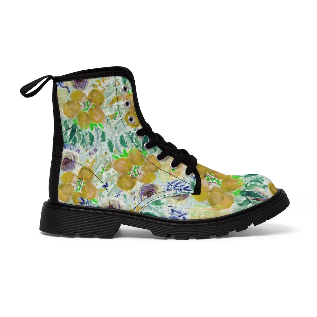 Yellow Floral Women's Canvas Boots, Flower Print Vintage Style Winter Hiking Canvas Boots