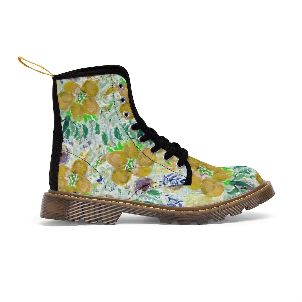 Yellow Floral Women's Canvas Boots, Flower Print Vintage Style Winter Hiking Canvas Boots