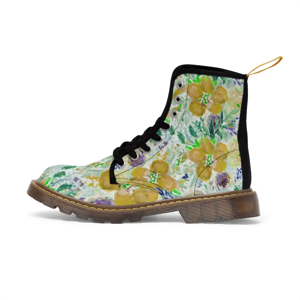 Yellow Floral Women's Canvas Boots, Flower Print Vintage Style Winter Hiking Canvas Boots