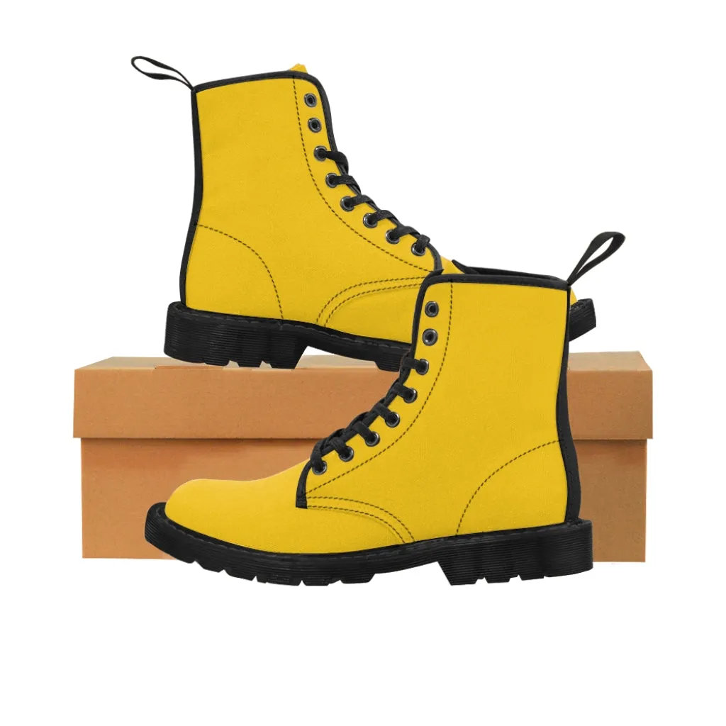 Yellow Women's Canvas Boots, Solid Yellow Color Modern Essential Winter Hiking Boots For Ladies