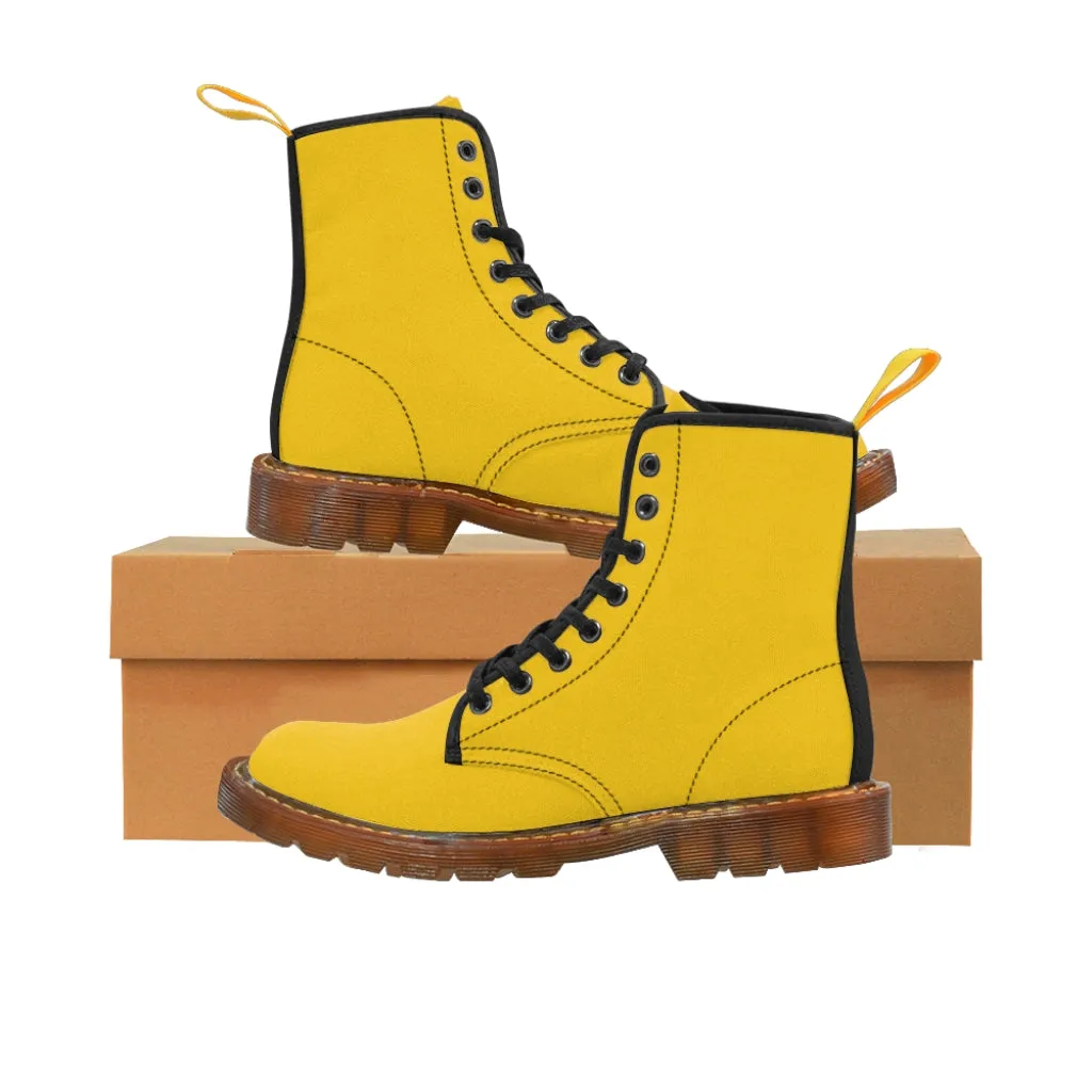 Yellow Women's Canvas Boots, Solid Yellow Color Modern Essential Winter Hiking Boots For Ladies